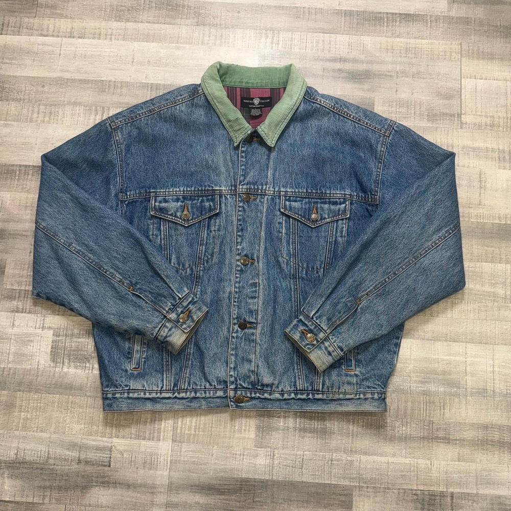 Vintage 90s Warner Brothers Looney Tunes Denim Jean Jacket 1996 Large Faded Wash